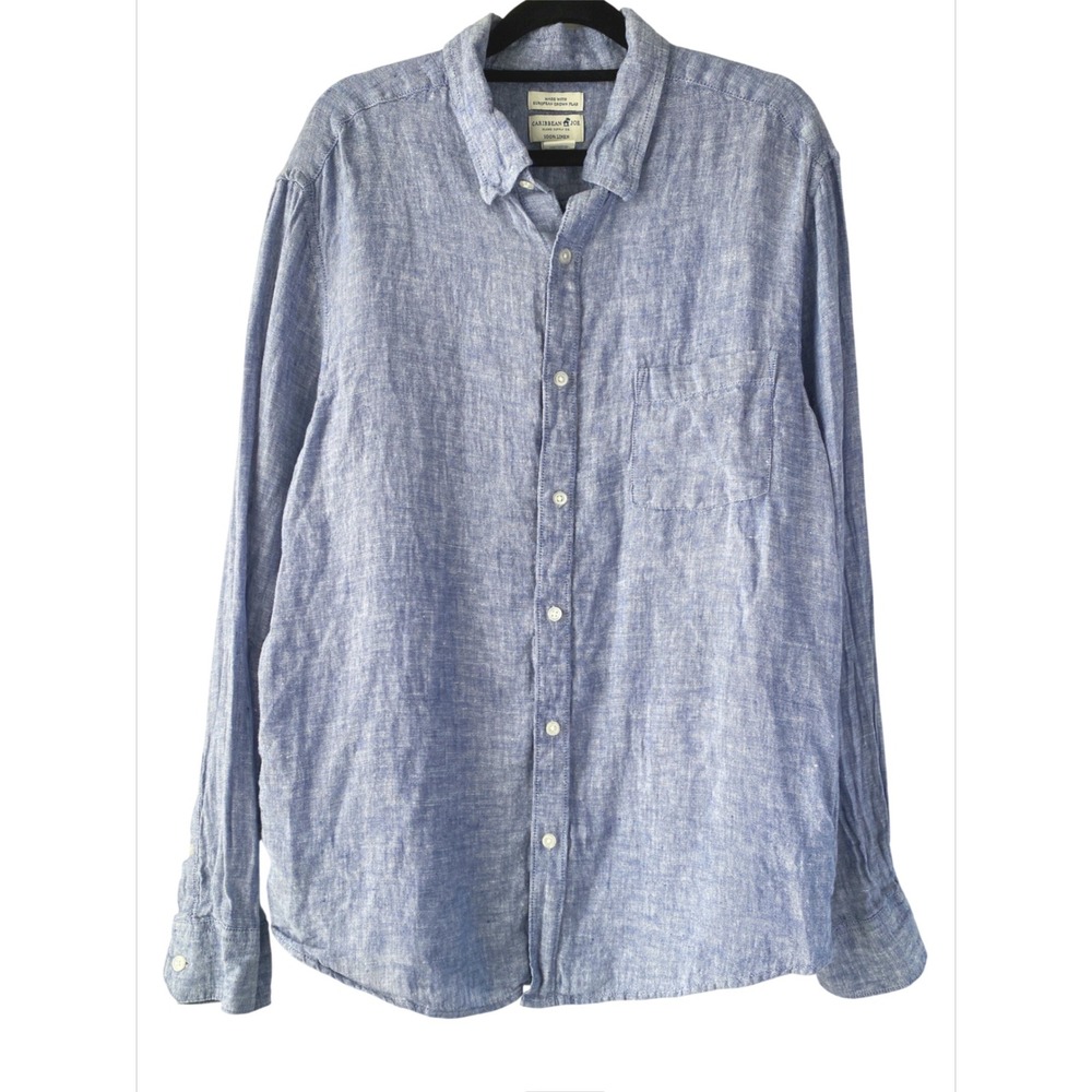Caribbean Joe Mens 100% Linen Button Up Shirt L Blue‎ Coastal Lightweight Flax